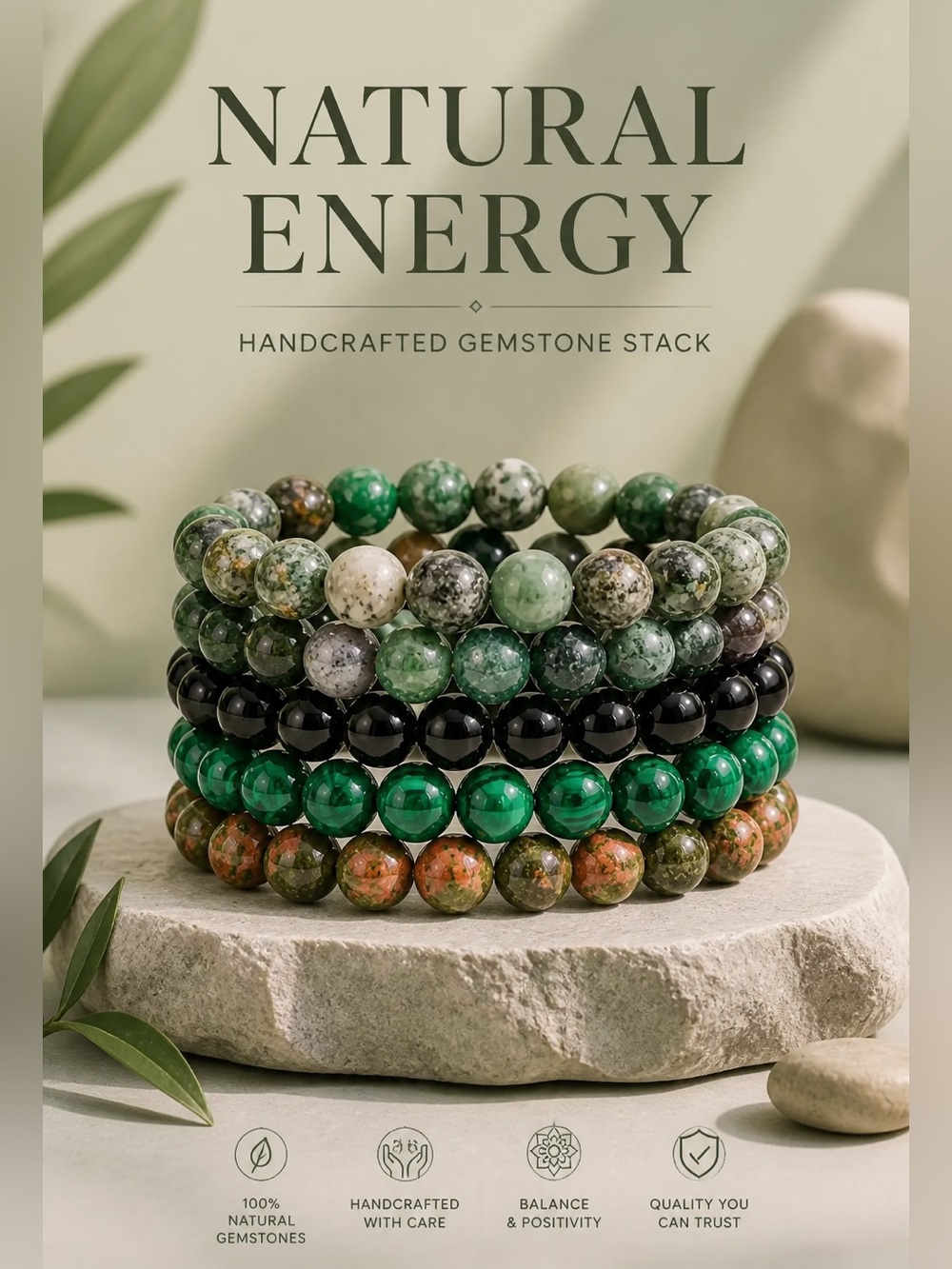 Natural Stone Bead Bracelet Stack | Green Earth Tone Stretch Bracelets Unisex